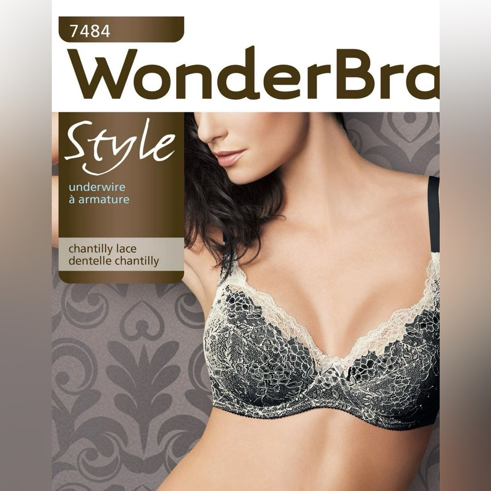 Wonderbra Underwire Bra 38C Chantilly Lace Black White Unlined Convertible Strap